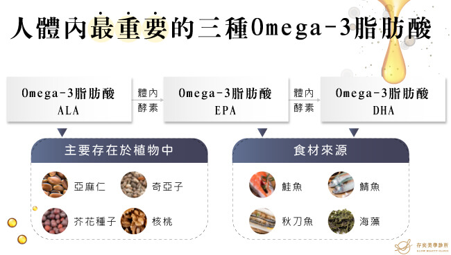 EPA是身體細胞膜主要成分DHA是構成大腦及視網膜中的魚油點滴Omega-3主要成分人體攝取後結合並轉化成EPADHA需要直接由食物中攝取EPA及DHA
