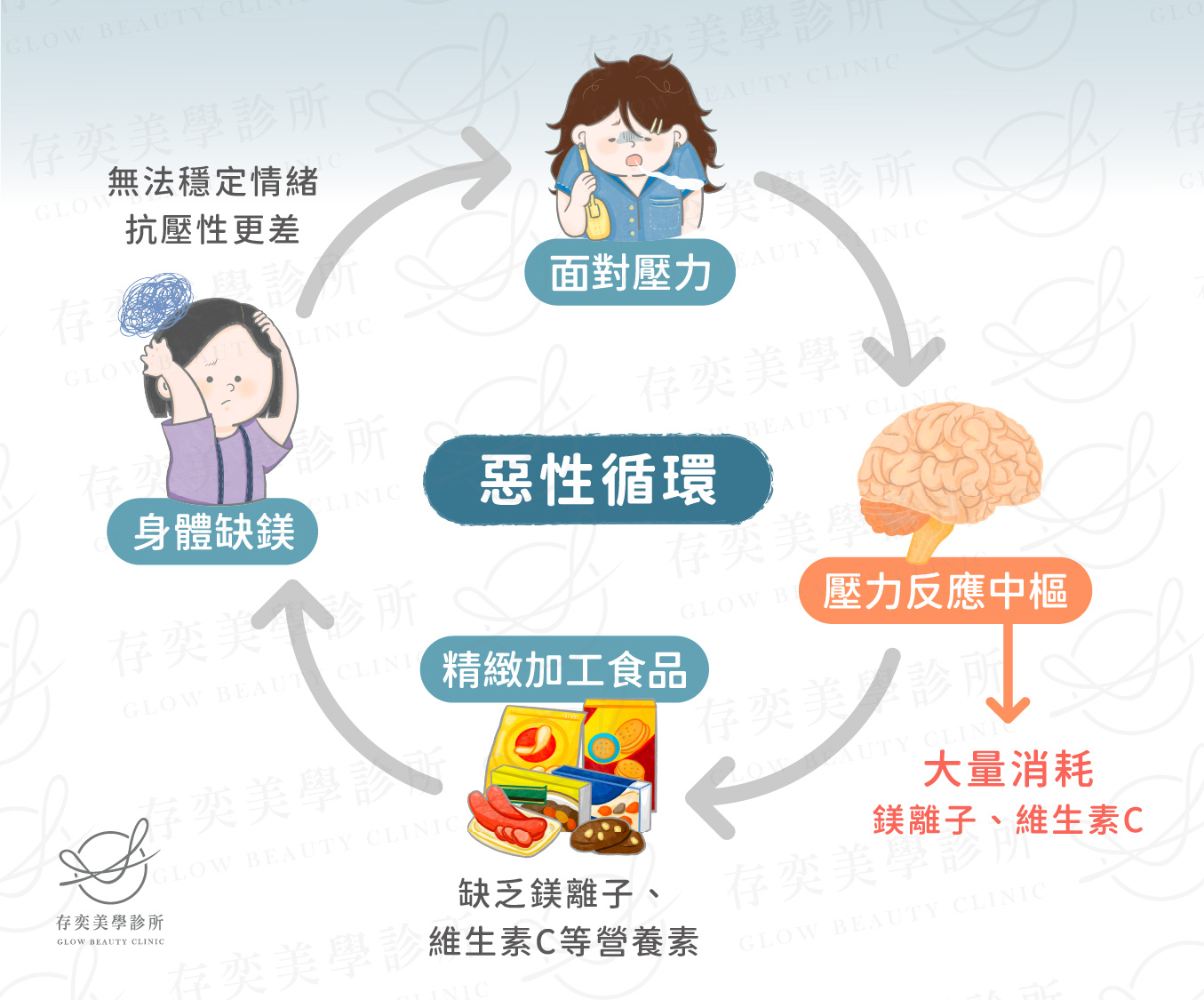 減脂金字塔-補充品:成年人普遍有鎂離子攝取量不足的問題,許多求助減重的患者有壓力肥胖的狀況,壓力荷爾蒙會引發人體食慾舒緩壓力,消耗體內大量的「鎂離子」。若有反覆減重仍瘦不下來的問題,建議先透過健康檢查,確認是否有特定營養素缺乏、慢性食物過敏原、胰島素阻抗...等身體內在問題,再進一步地針對需求進行補充。 良性與惡性循環-美離子-01