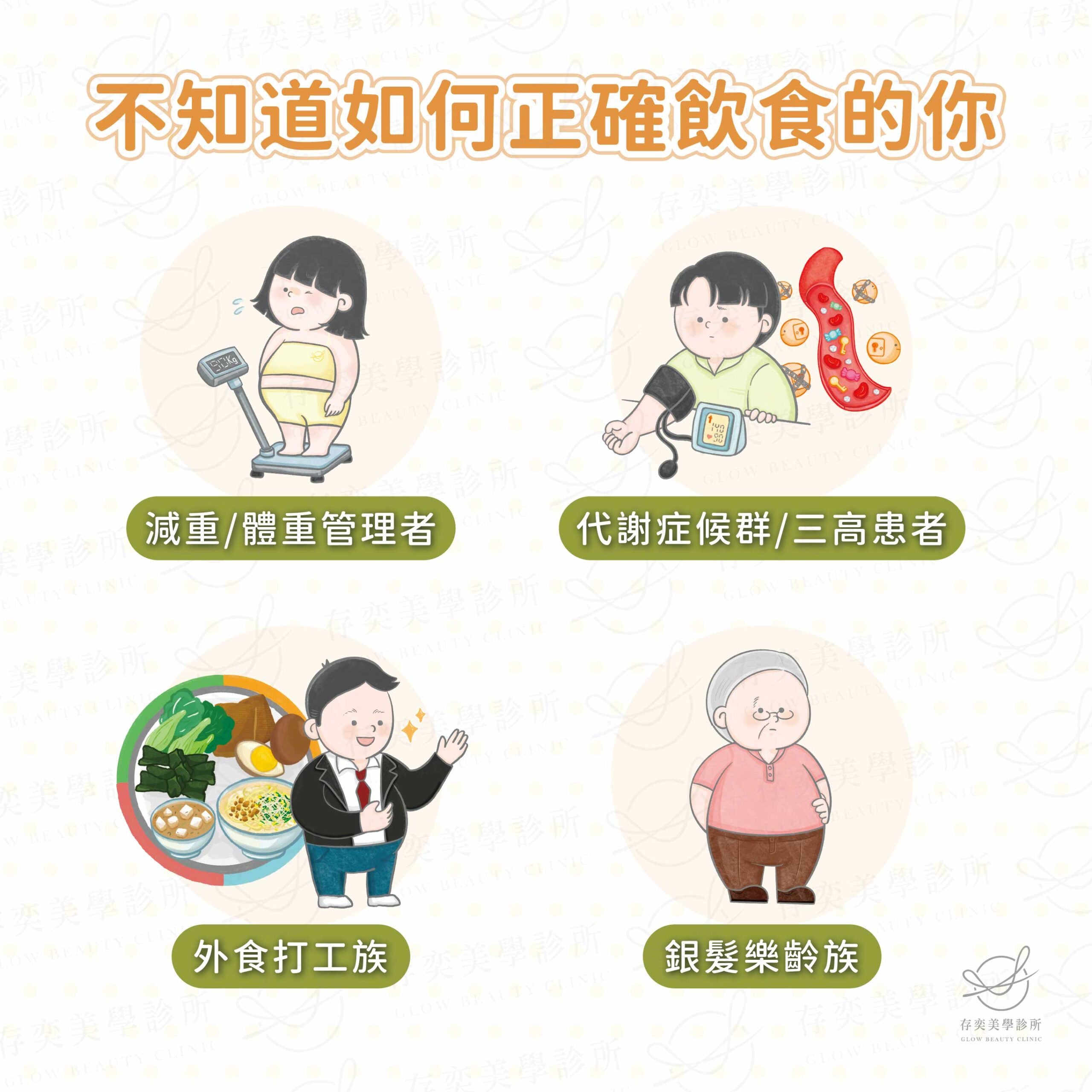 營養師諮詢門診除了減重,更可依照身體狀況及需求規劃適合的飲食建議。如減重者/體重管理者、代謝症候群/三高患者、外食打工族、銀髮樂齡族,皆可透過營養師一對一諮詢,做好飲食管理,建立良好生活型態,培養優美體態,避免重大疾病的發生。 什麼人適合營養師諮詢門診-不知道如何正確飲食的